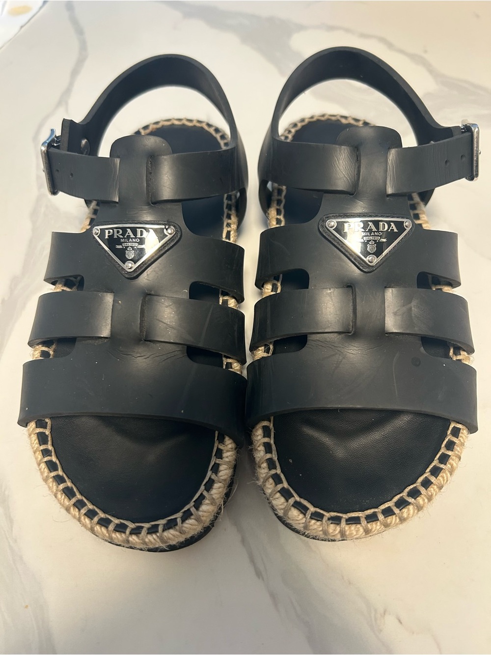 Prada Black Jelly Espadrille Sandals with Rope Trim